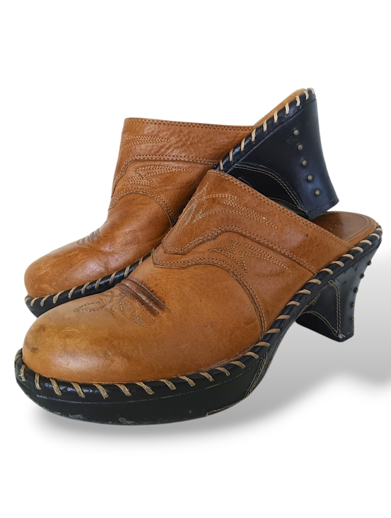 Sonora Shoes - Sonora Tan Leather Slip On Clog Mule Western Cowgirl Chunky Heel Embroidery